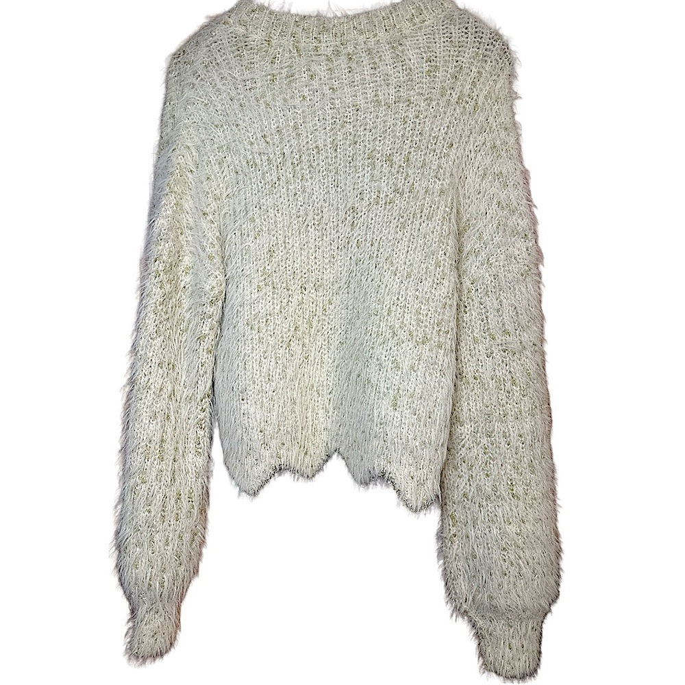 Very J Fluffy Cream Gold Metallic Eyelash Sweater Long Puffy Sleeve Soft Comfy